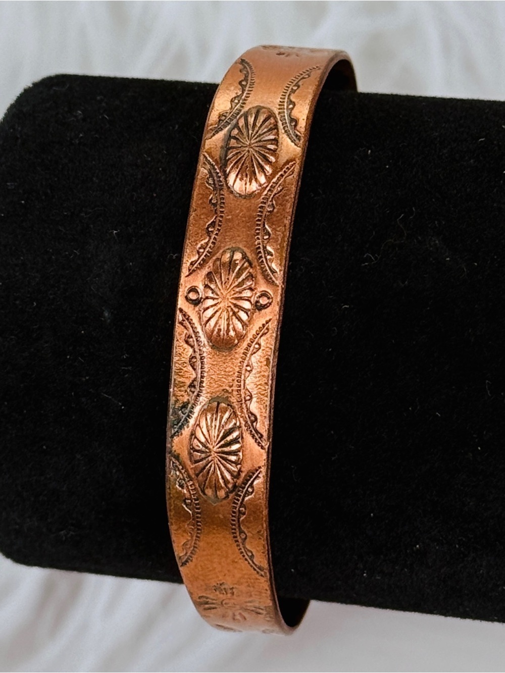 Vintage Etched Copper Cuff Bracelet Southwestern Floral Concho Boho